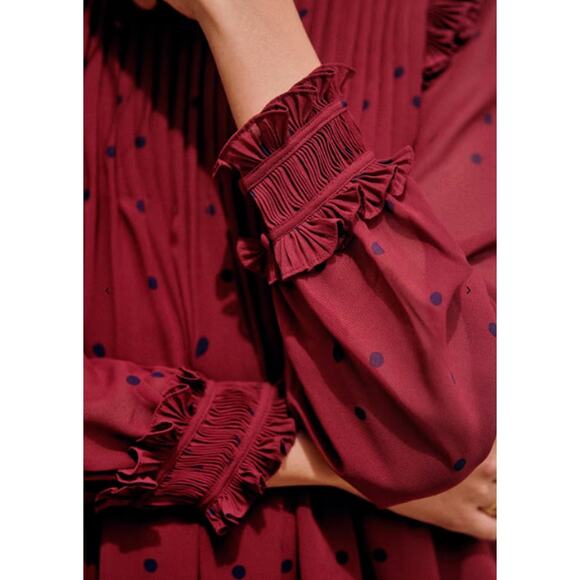 Sezane Dress Womens 34 2 Eve Mini Short Plum Navy Dots Pleated Ruffle Lined - Picture 4 of 14